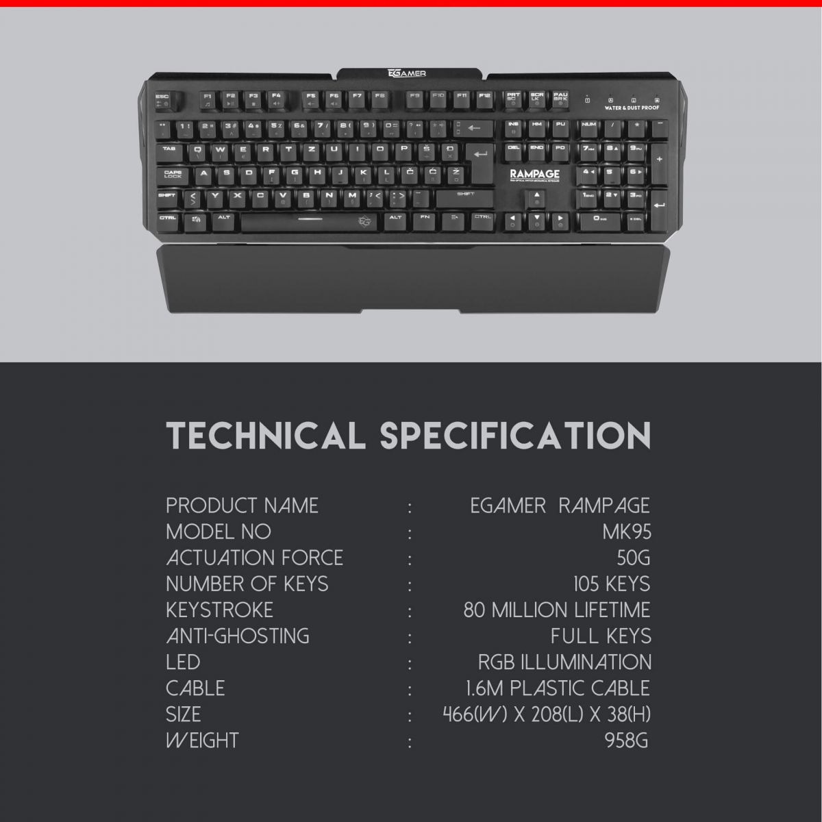RAMPAGE Mehanička MK95 RGB Gaming Tipkovnica, Optical switch HR layout